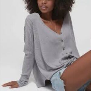 Urban Outfitters Front Tie Waffle Knit Top, Grey, Size Large